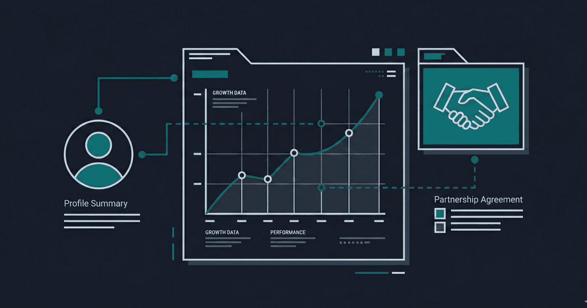 Dashboard with line chart, avatar, handshake: client account review prep