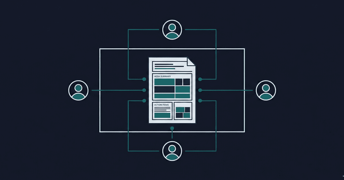 Conference table with avatars and central document: internal meeting prep